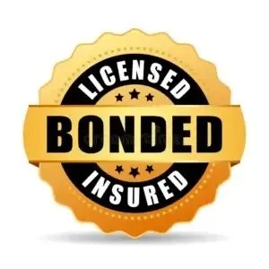 A gold badge with black and yellow accents that says "Licensed and Bonded, Insured."