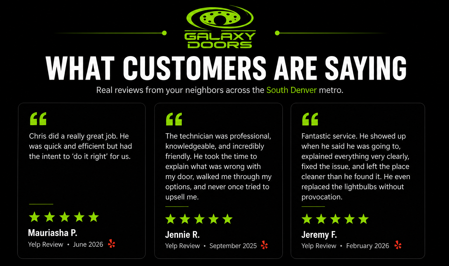 Five-star customer review for Galaxy Doors garage door service in South Denver, Colorado
