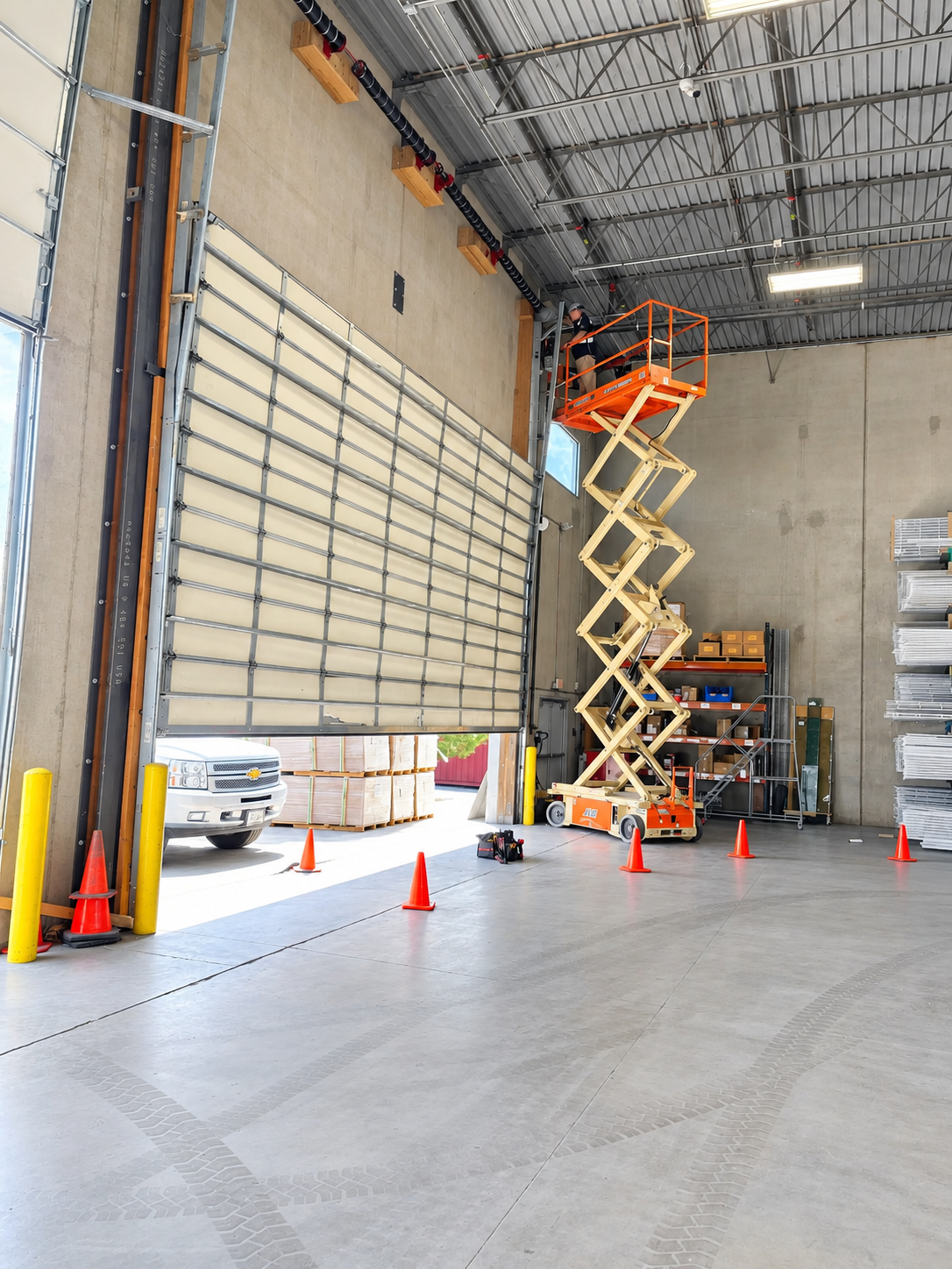 Galaxy Doors technician servicing a large commercial garage door in South Denver, Colorado