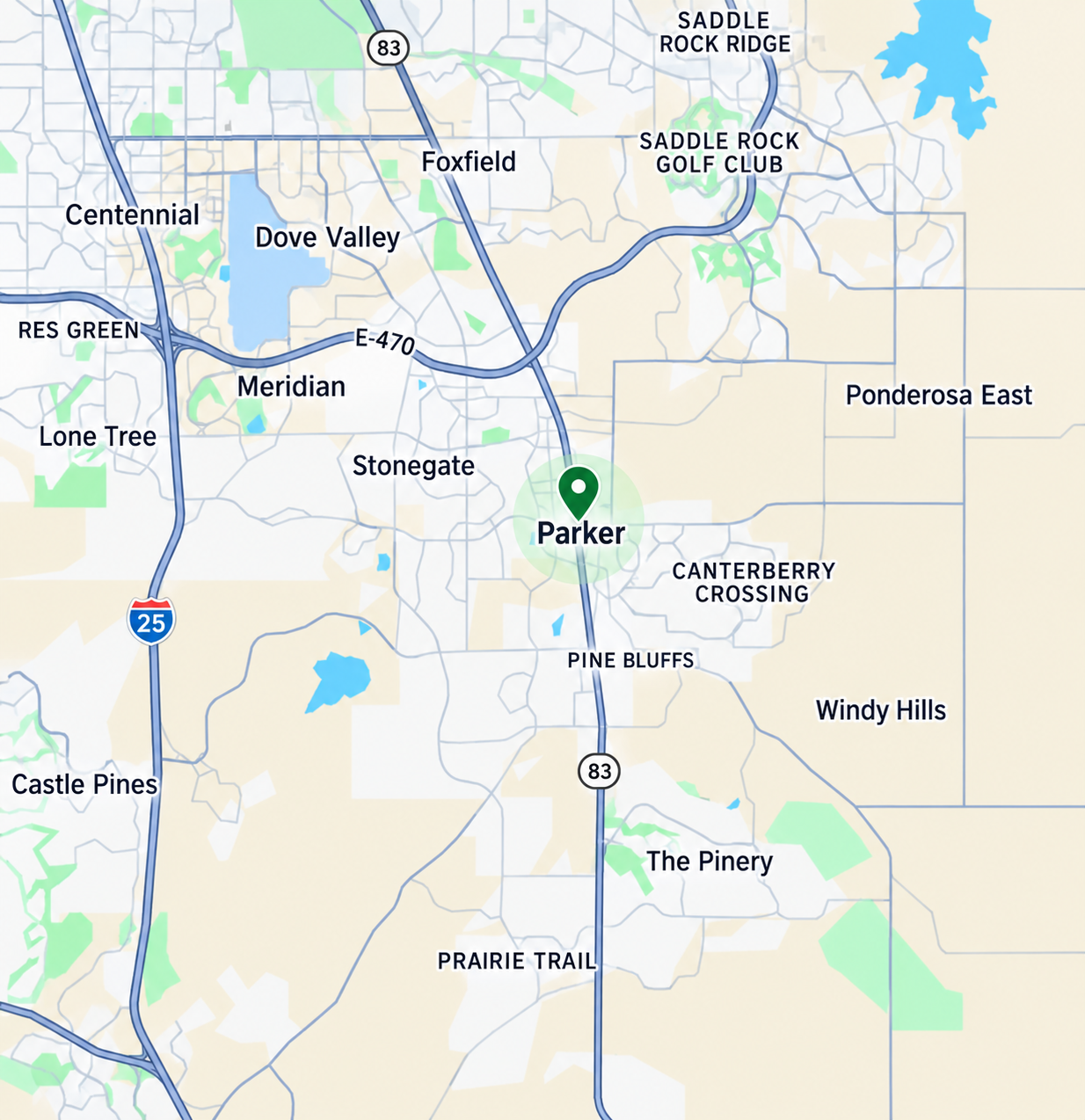 Map highlighting Parker, Colorado in the Galaxy Doors service area