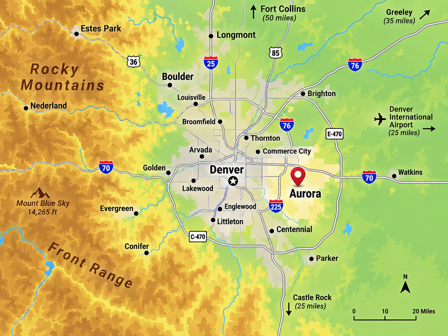 Map highlighting Aurora, Colorado in the Galaxy Doors service area