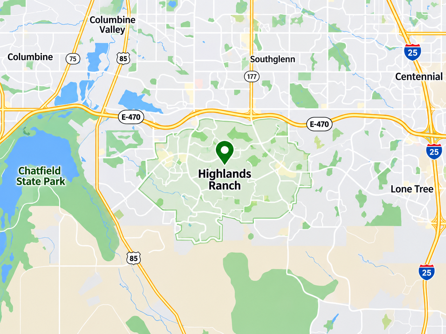 Map highlighting Highlands Ranch, Colorado in the Galaxy Doors service area