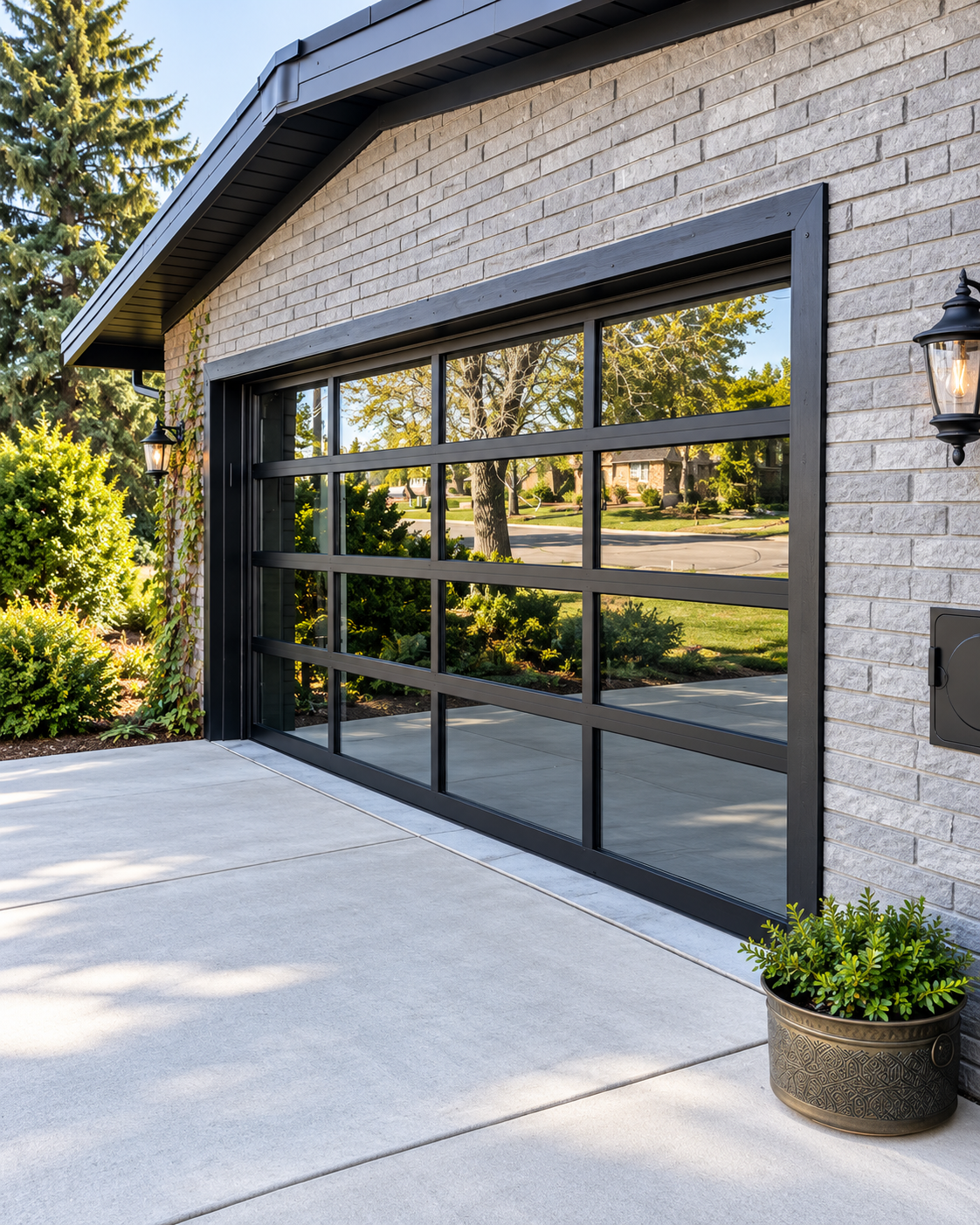 Modern black glass garage door installed by Galaxy Doors in South Denver, Colorado