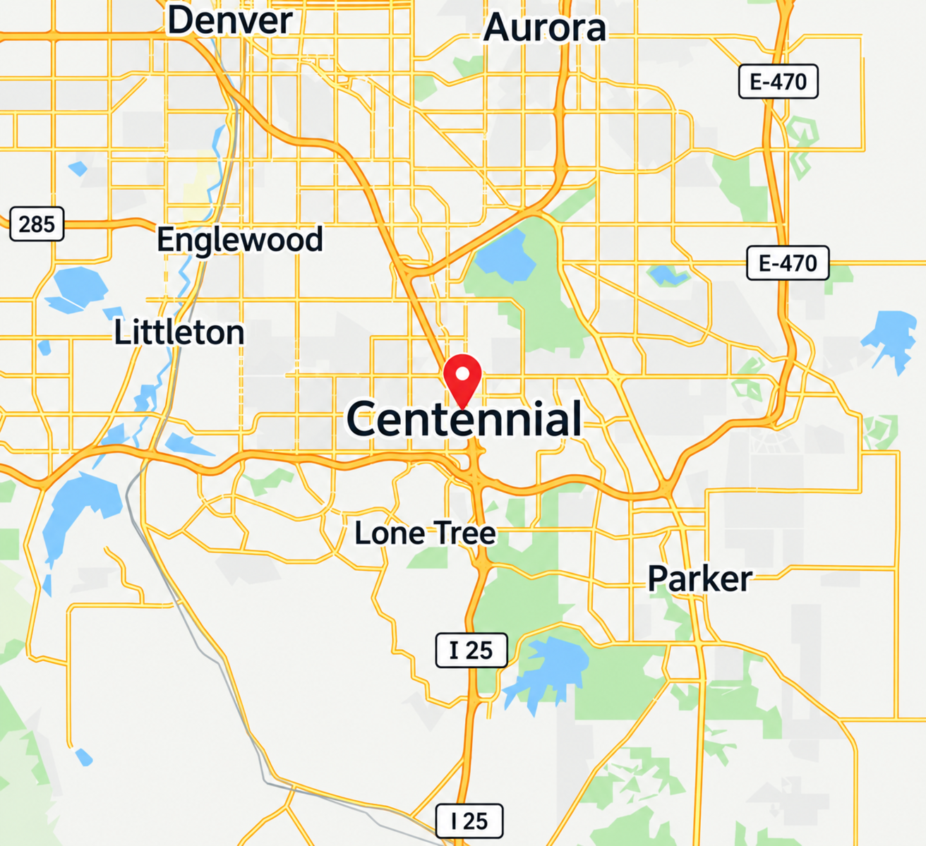 Map highlighting Centennial, Colorado in the Galaxy Doors service area