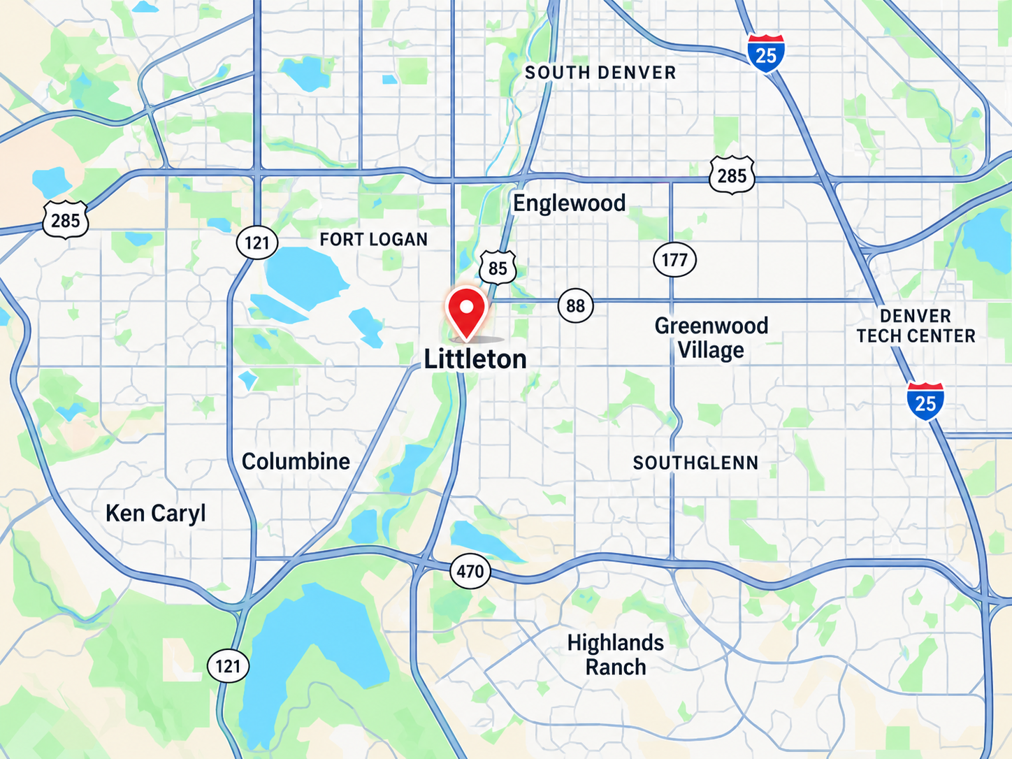Map highlighting Littleton, Colorado in the Galaxy Doors service area