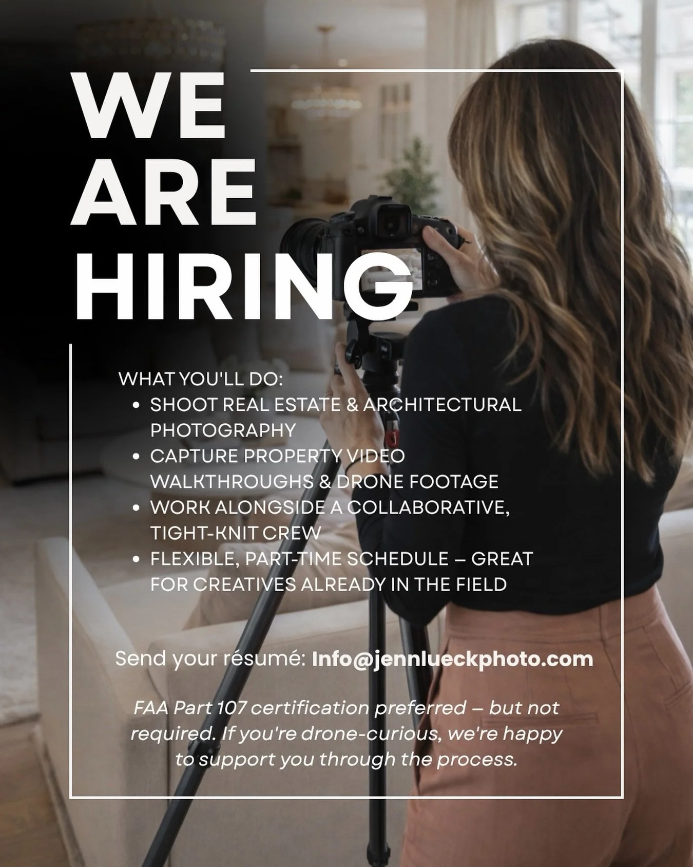 We&rsquo;re growing! We&rsquo;re looking for a part-time creative to join our team in the Prescott area. Part 107 preferred but we&rsquo;re willing to train the right person. If you love real estate media and want to be part of a small, creative crew