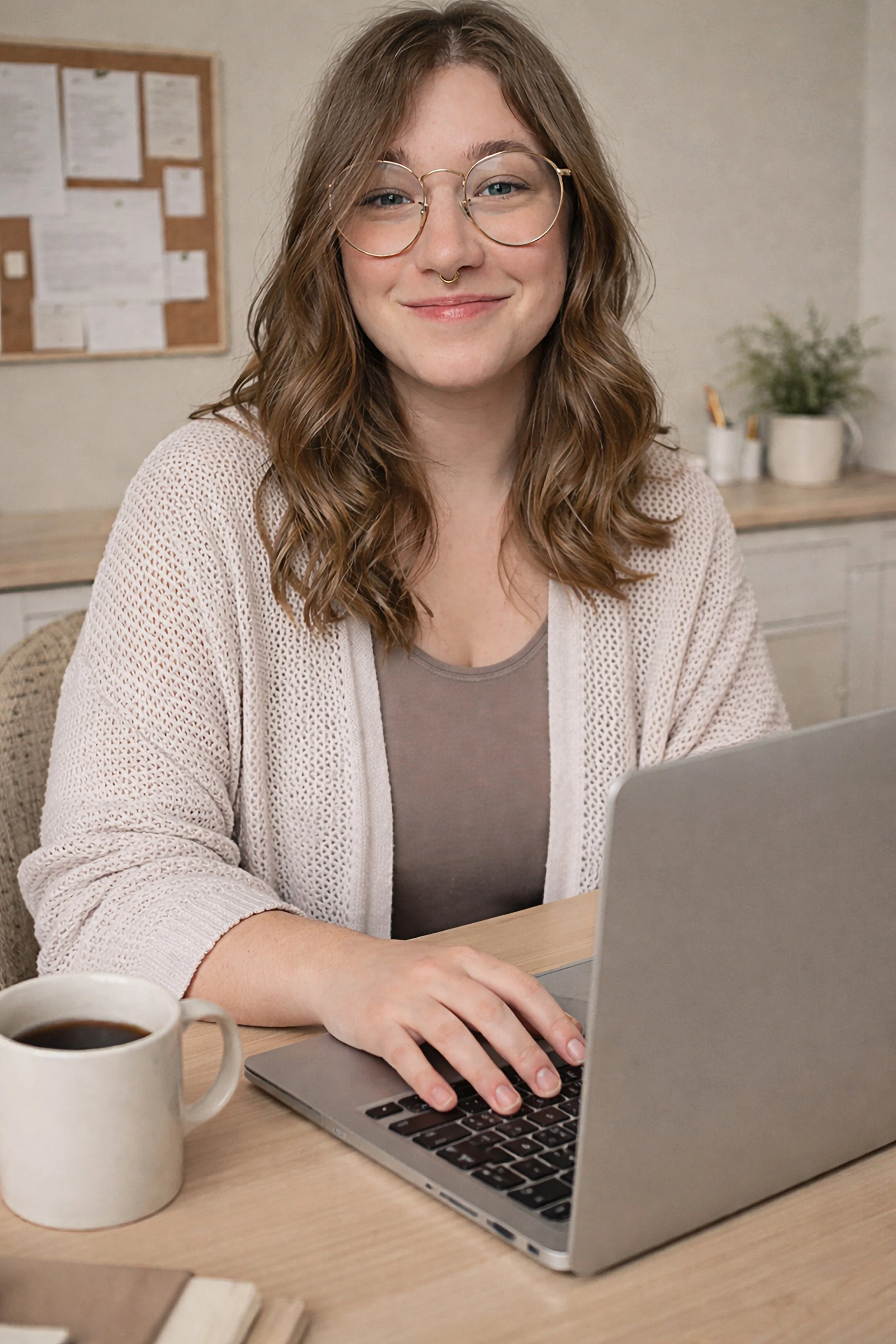 A woman with curly black hair and glasses smiling at the camera.