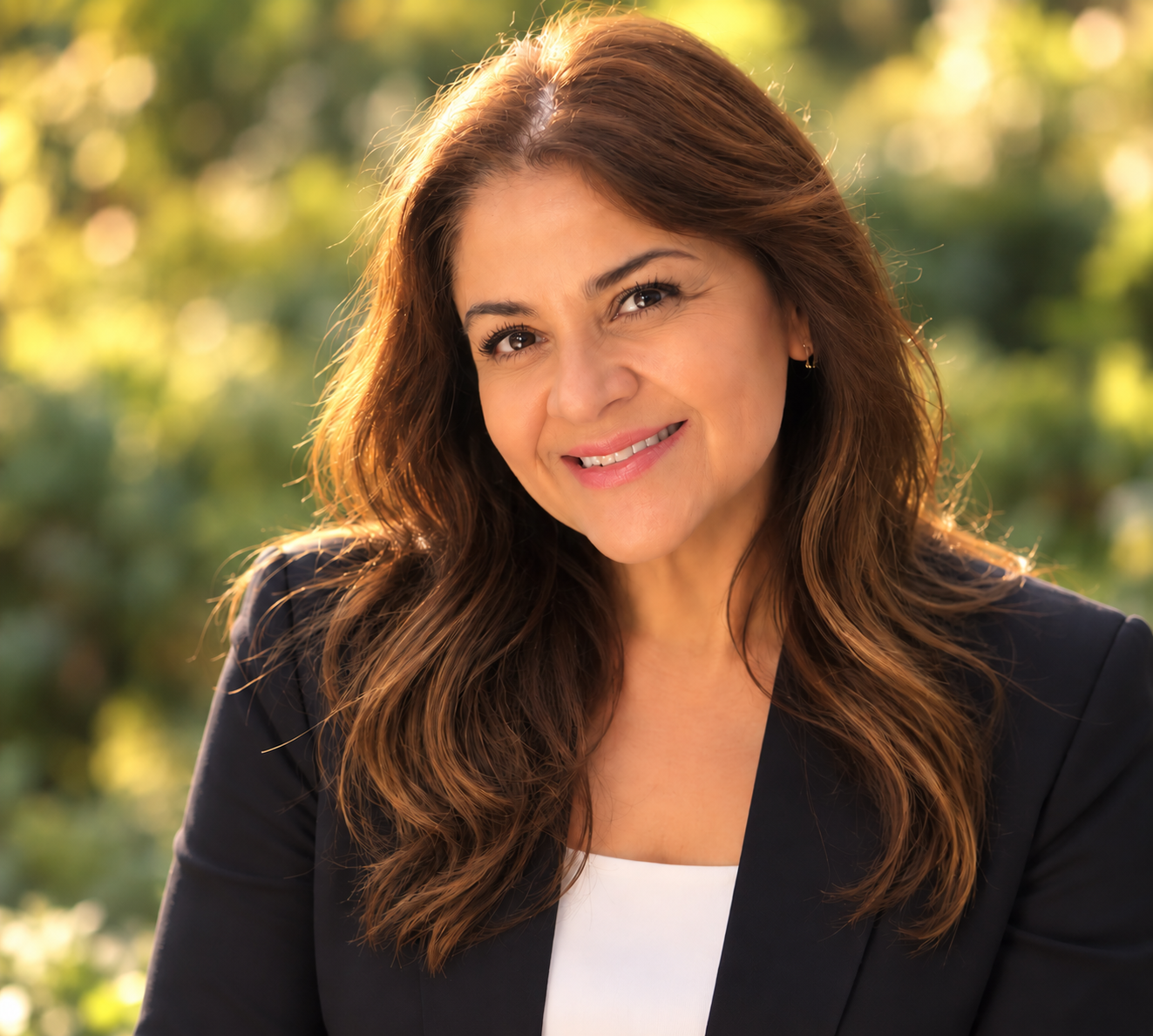 A woman with wavy brown hair, smiling, wearing a black jacket and white top underneath. all background and a sunflower to her right.