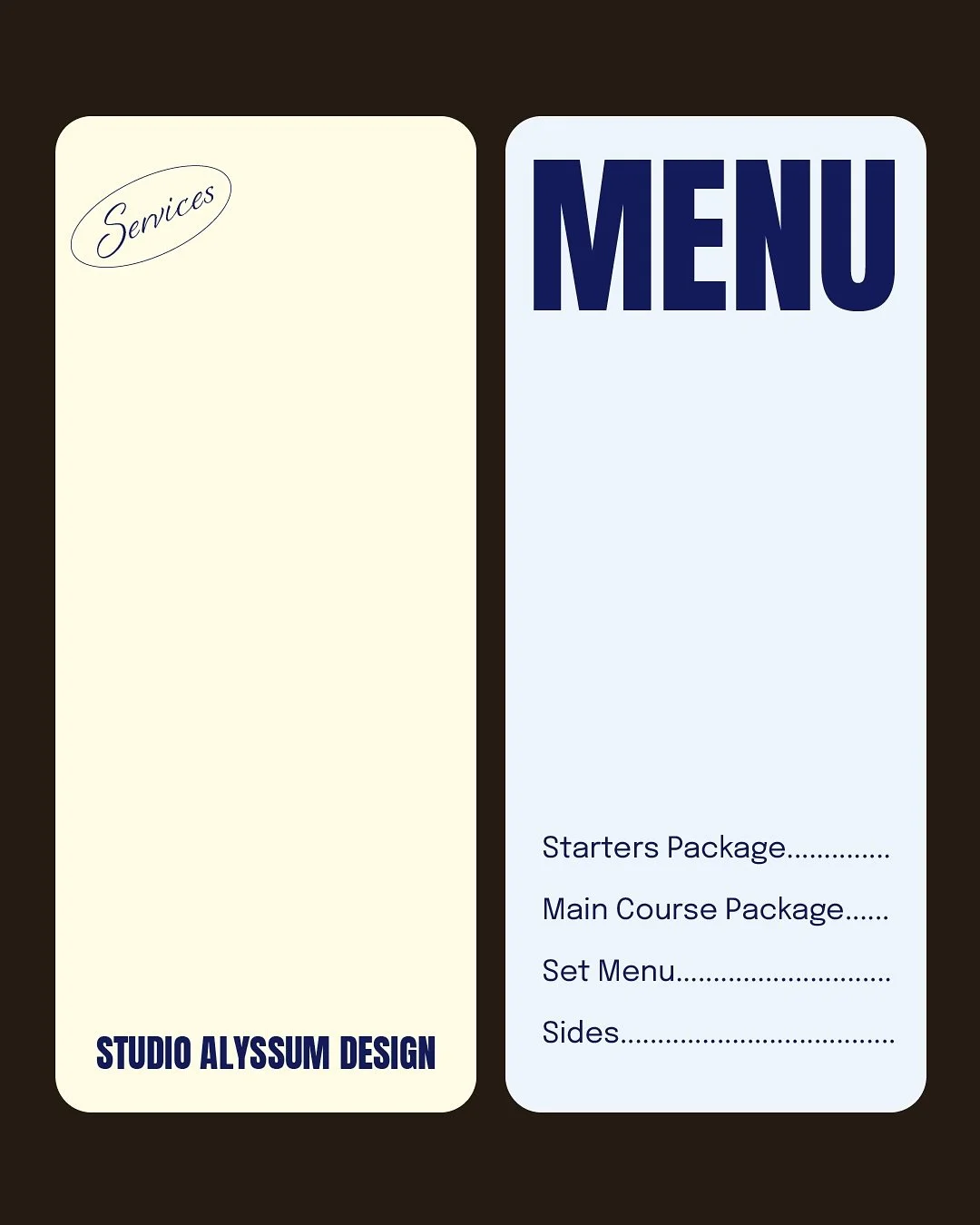 INTRODUCING OUR MENU 🍴

Here are our carefully curated packages designed for projects, businesses and ideas in need of some TLC.

If something isn&rsquo;t working for you, choose from the sides menu! There is something for everyone, always.

ORDER U