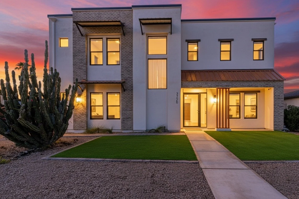 Stunning twilight real estate photography captures a modern house exterior with warm interior lights and desert landscaping in Phoenix, AZ, highlighting its unique architectural details.