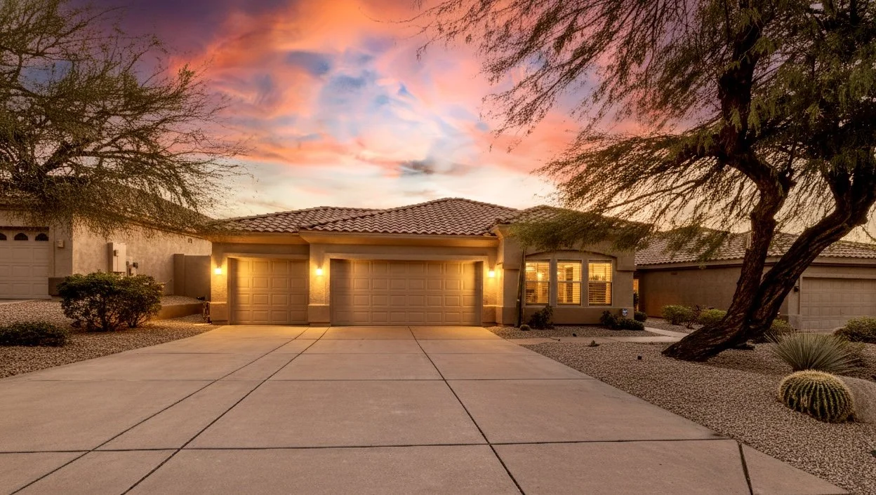 Stunning real estate photography capturing a single-story house with a three-car garage at sunset in Scottsdale, AZ, showcasing a serene neighborhood atmosphere.