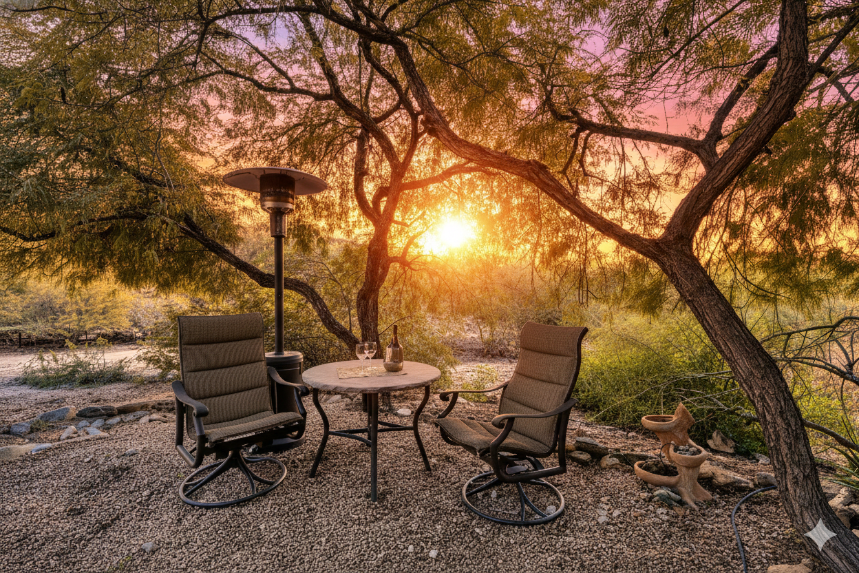 This serene outdoor patio features comfortable seating and a table under lush trees at sunset in Paradise Valley, AZ, showcasing inviting real estate photography.