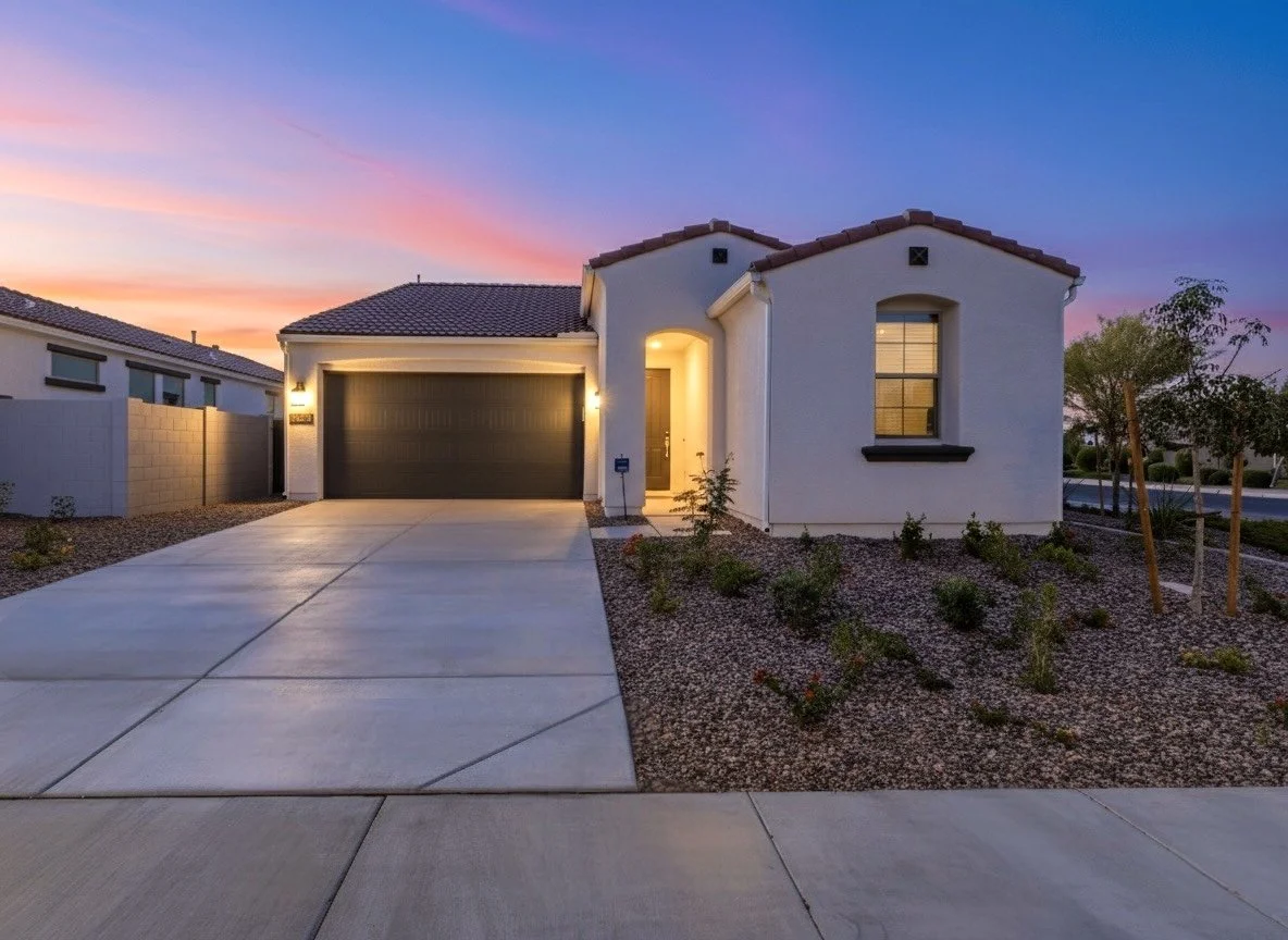 Beautiful twilight exterior shot of a single-family home in Phoenix, AZ, showcasing the clean driveway and desert landscaping in this real estate photography.