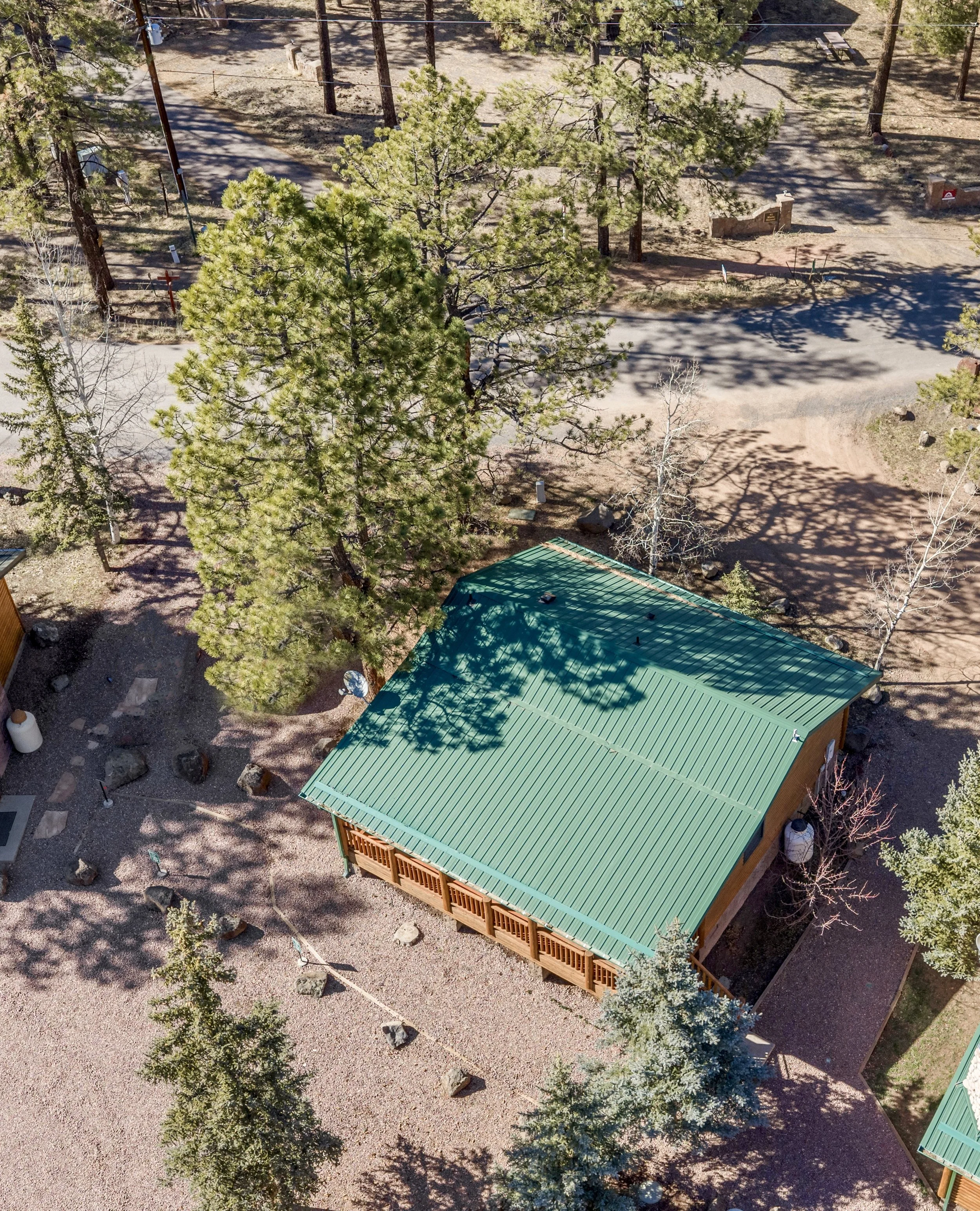 Aerial real estate photography showcases a green-roof cabin surrounded by tall trees in Greer, AZ, highlighting the peaceful natural setting and cabin layout.