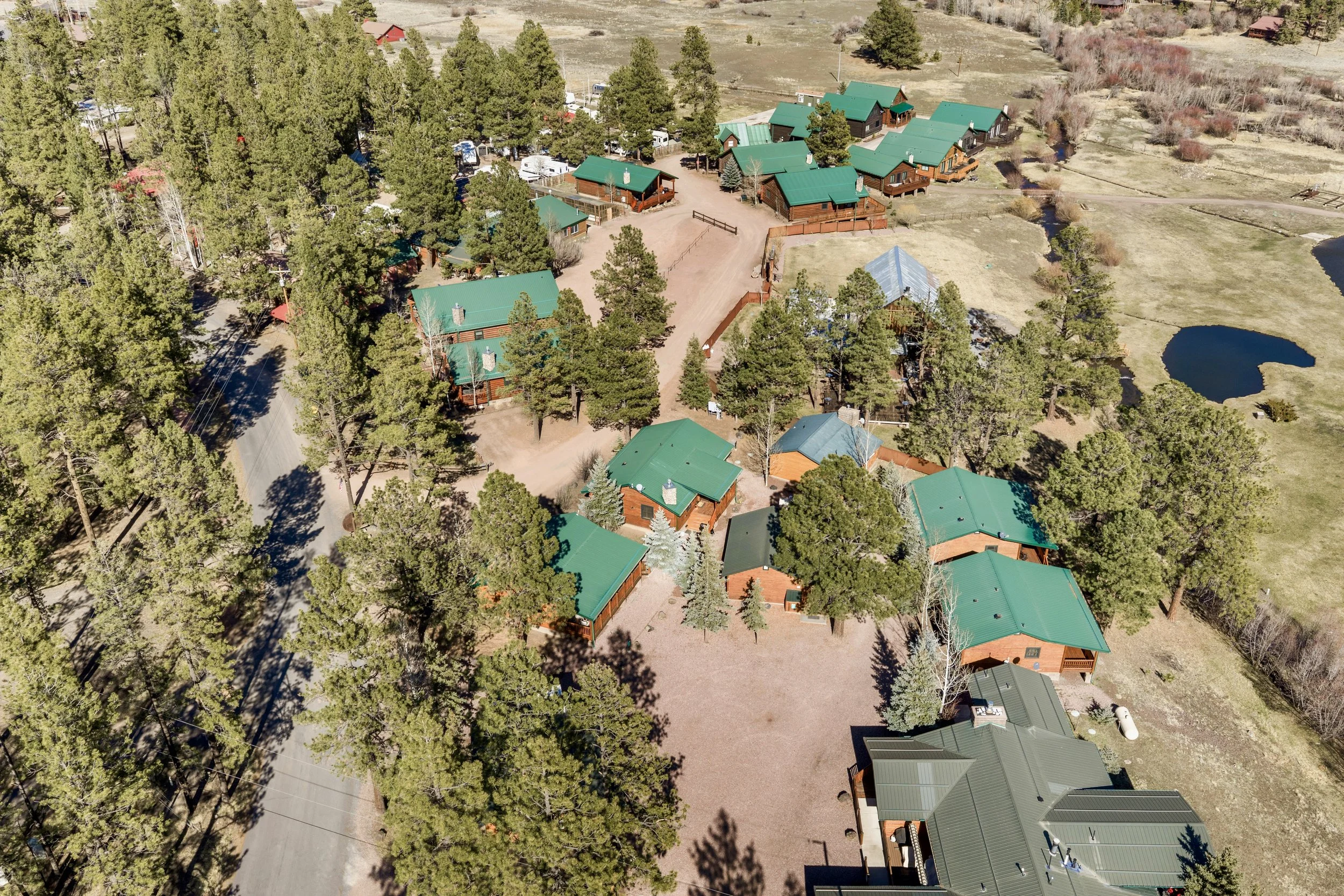 Aerial real estate photography showcasing charming log cabin homes with green roofs surrounded by pine trees in Greer, AZ, highlighting the scenic and peaceful residential area.
