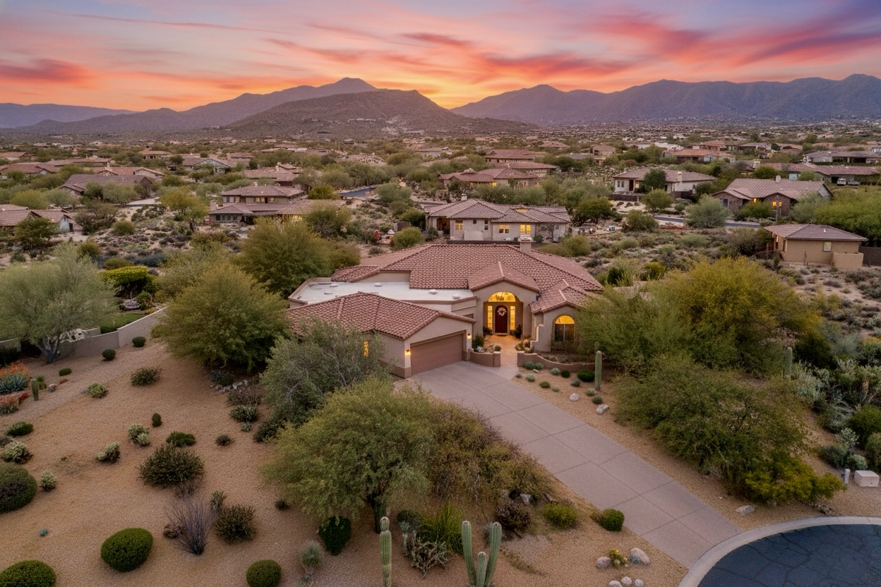 Stunning aerial real estate photography captures a beautiful home at dusk in Scottsdale, AZ, showcasing desert landscaping and mountain views under a colorful sunset sky.