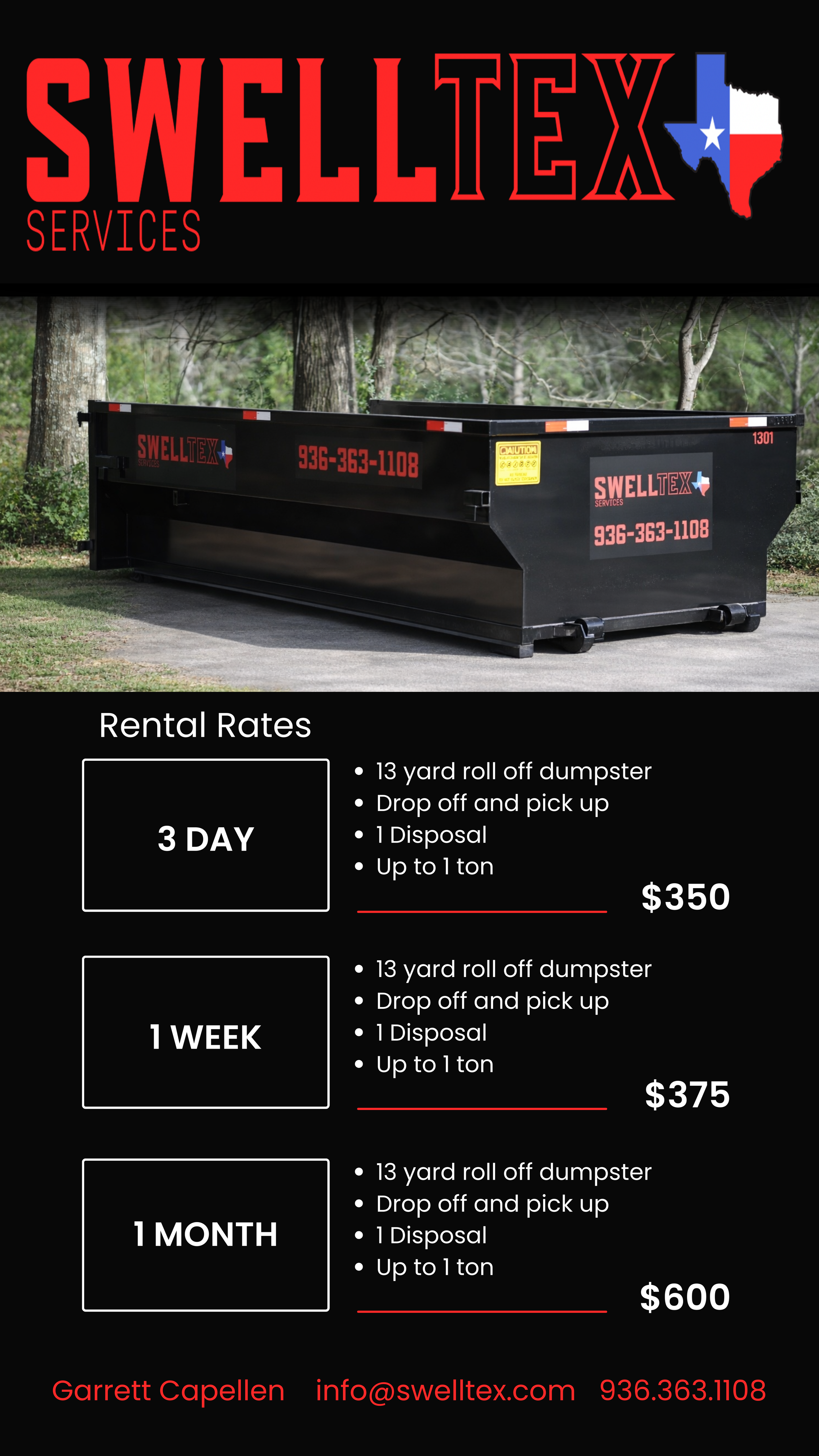 Flyer for Swelltex Services displaying rental rates for a 13-yard roll-off dumpster available for 3 days, 1 week, or 1 month, with contact information.