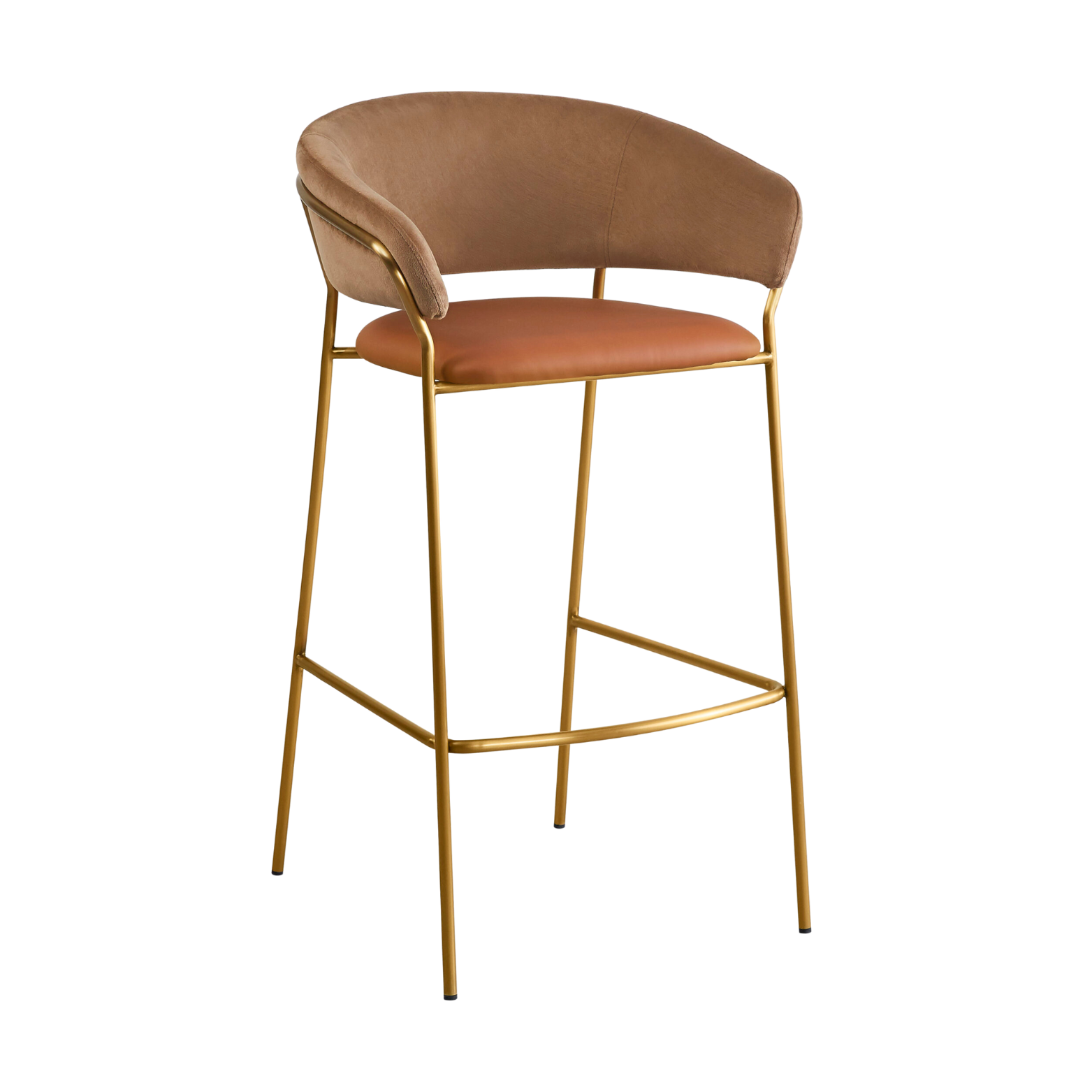 Modern bar stool with a curved, beige upholstered backrest and a brown cushioned seat, featuring a gold-colored metal frame and footrest.