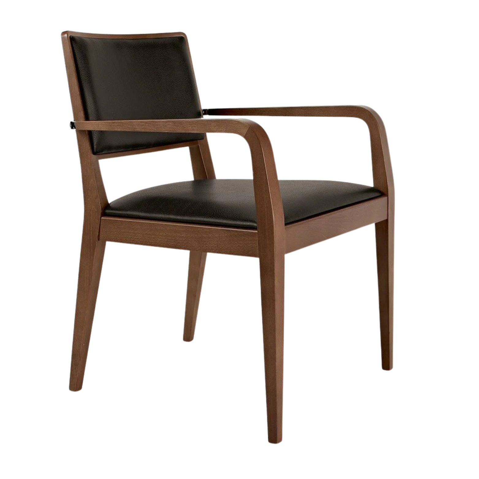 A wooden armchair with black leather cushion and backrest, isolated. Elegant wooden restaurant chair with upholstered cushion – made for comfort and style.