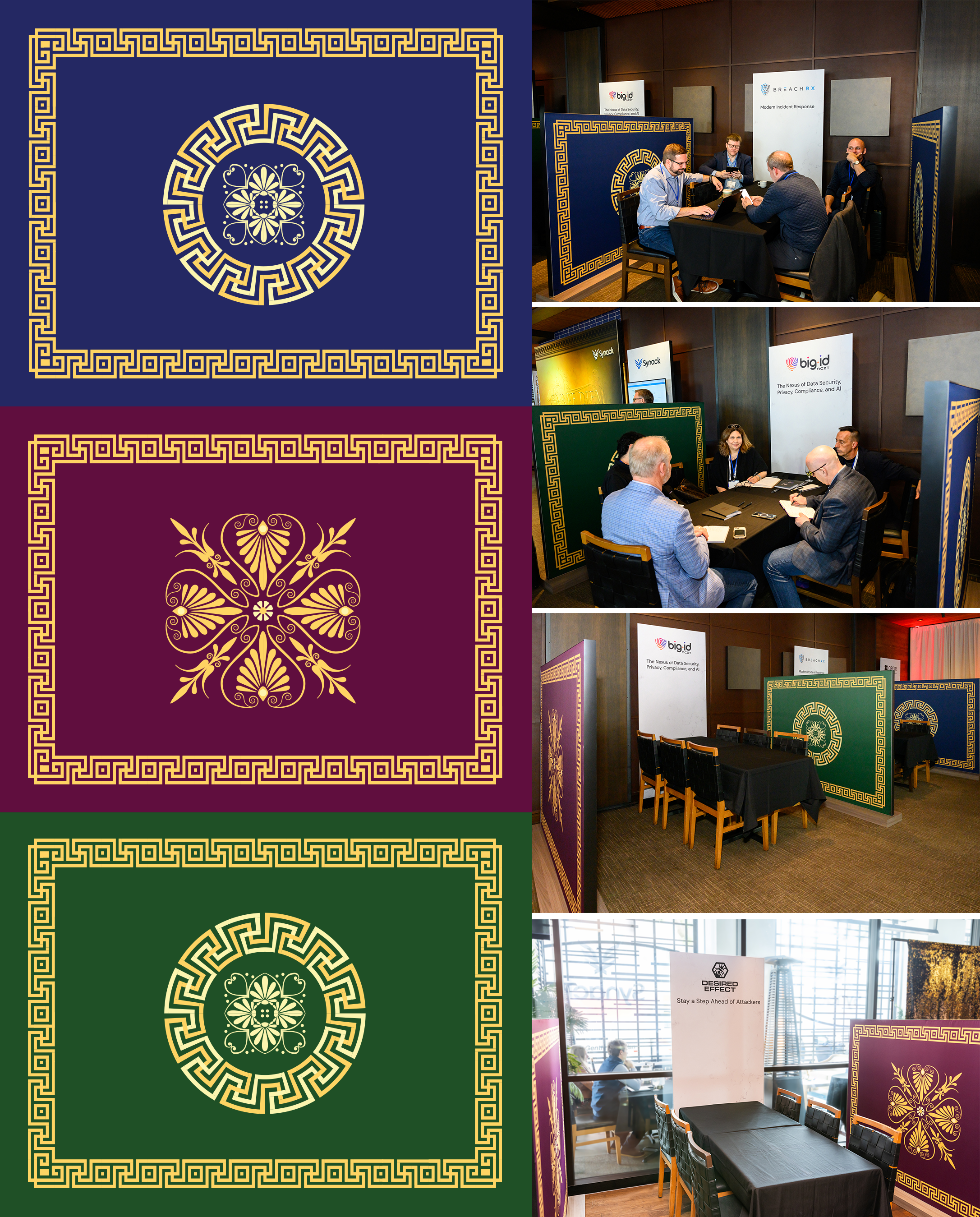 Synack offered sponsors spaces at the restaurant, like booths, to build business relationships, demo new products, or have a quiet environment for meetings with their prospects or customers. I’ve created the space separators with ancient Roman-inspi