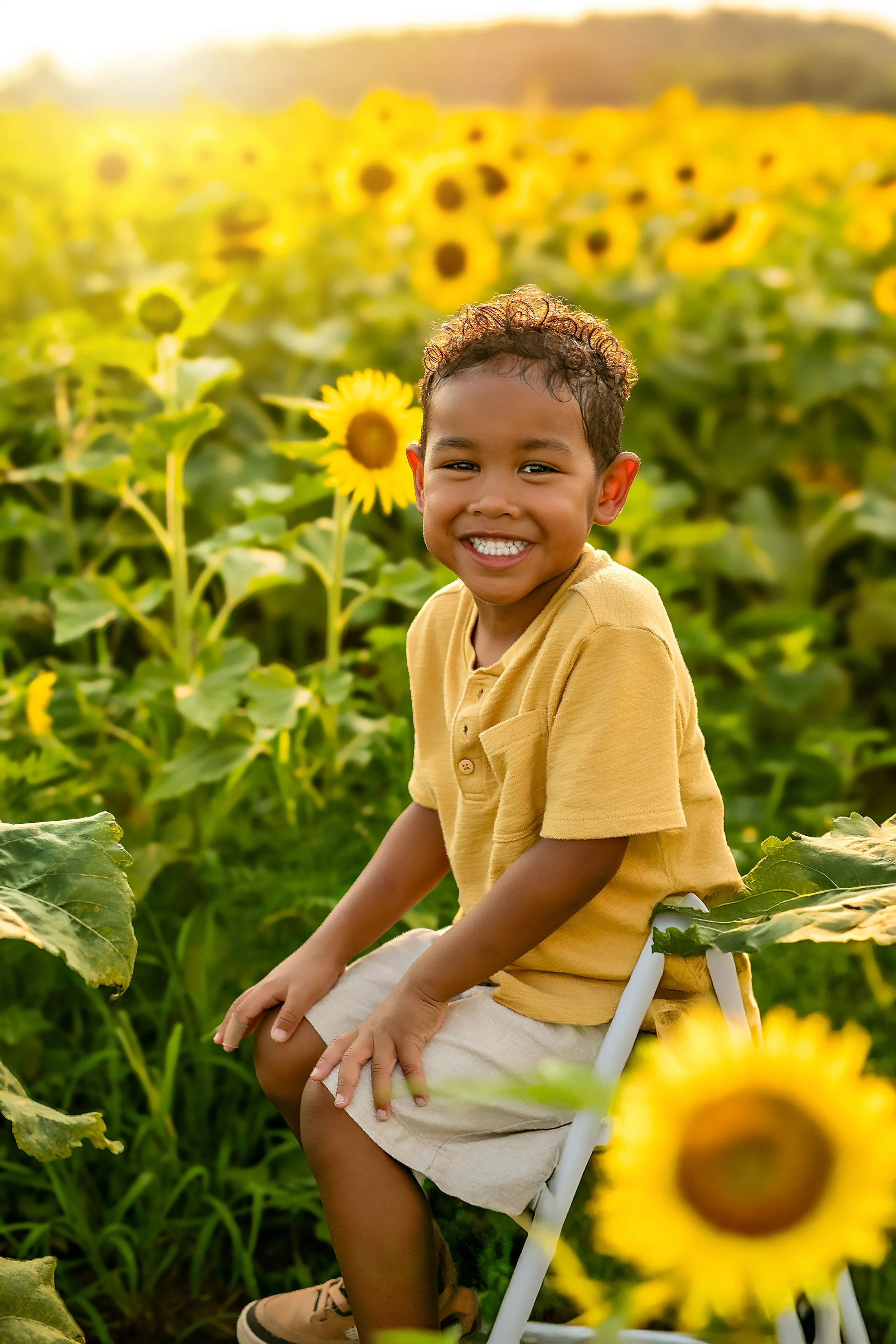 A little boy poses in a field of sunflowers at Burnside Farms during his Nokesville VA Family Photography session with Worthy of Love Photography a Northern Virginia and Shenandoah Valley photographer