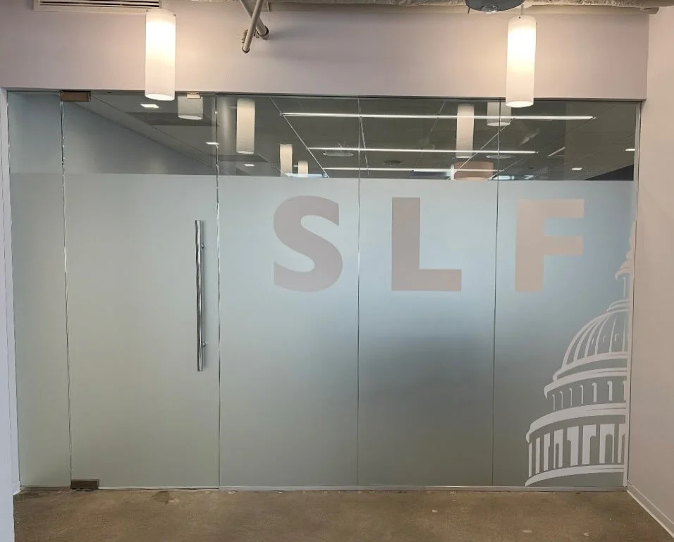 Today we completed a stunning frosted glass and die cut vinyl overlay installation for the Senate Leadership Fund in Washington, D.C. This impressive 76&rdquo; x 153&rdquo; frosted glass panel perfectly balances privacy with an open, professional aes