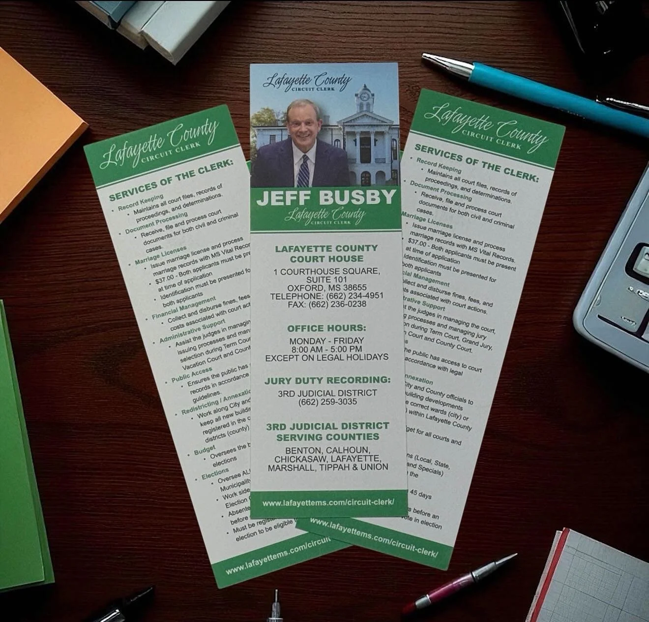 Proud to continue our collaboration with the Lafayette County Circuit Clerk&rsquo;s office in Oxford, Mississippi! Our most event project was bookmarks highlighting all the services and contact information for the Circuit Clerk for the public to use 