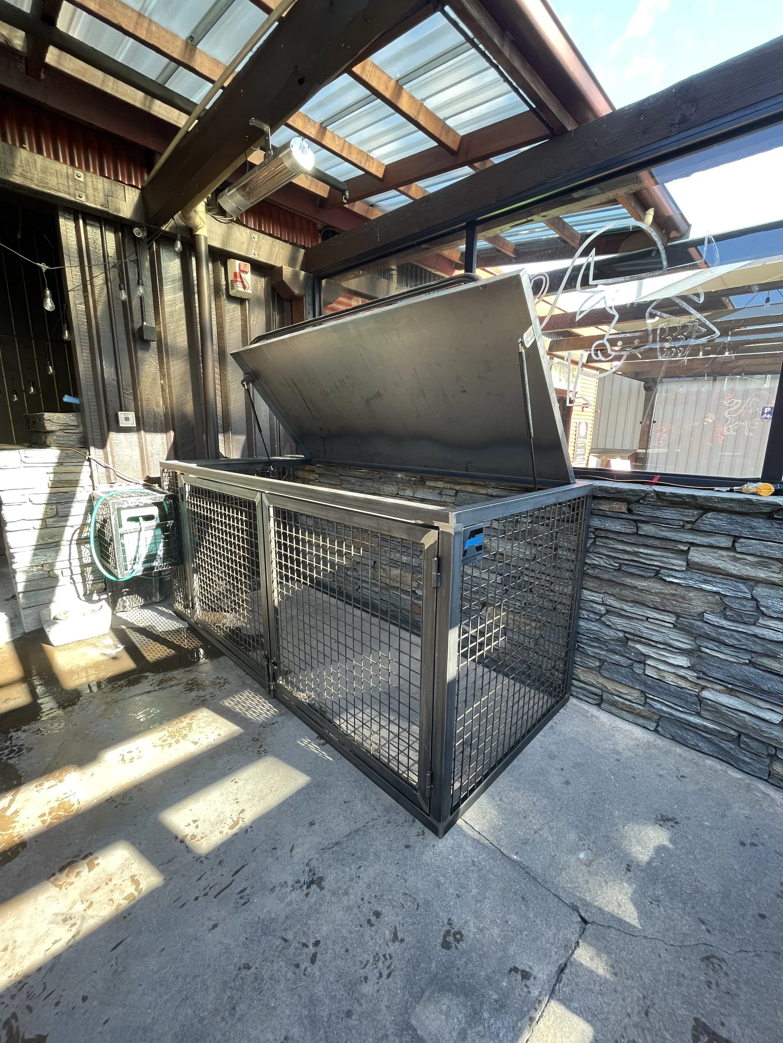 Project criteria. Needs to fit 3 cube of fire wood, opening roof panel, 2 opening doors at the front and lockable. Raw steel finish.