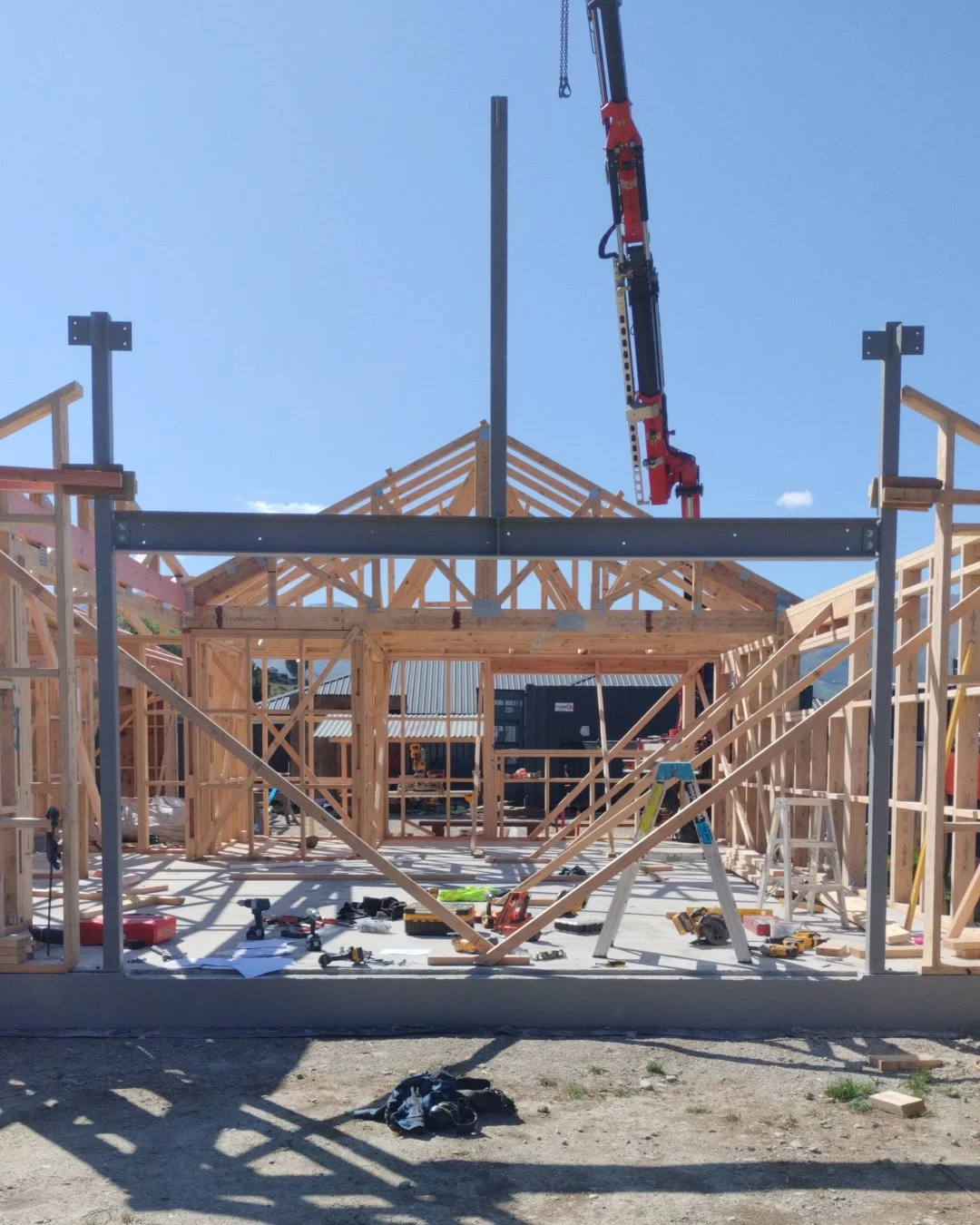 Steel frame to support large high mounted windows.