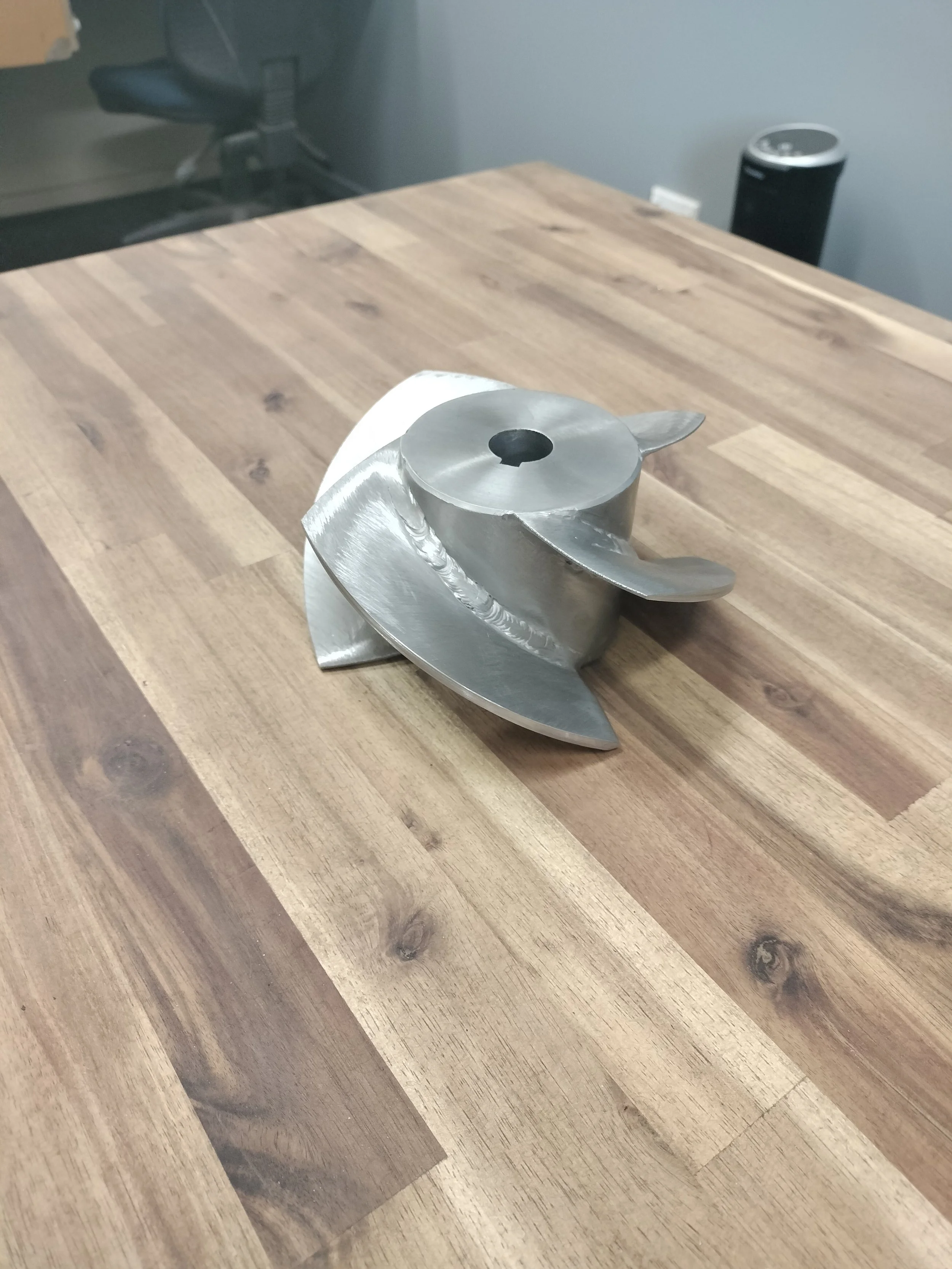 Custom rear impeller we fabricated to suit a 2 stage 148mm unit and Honda R18 turbo