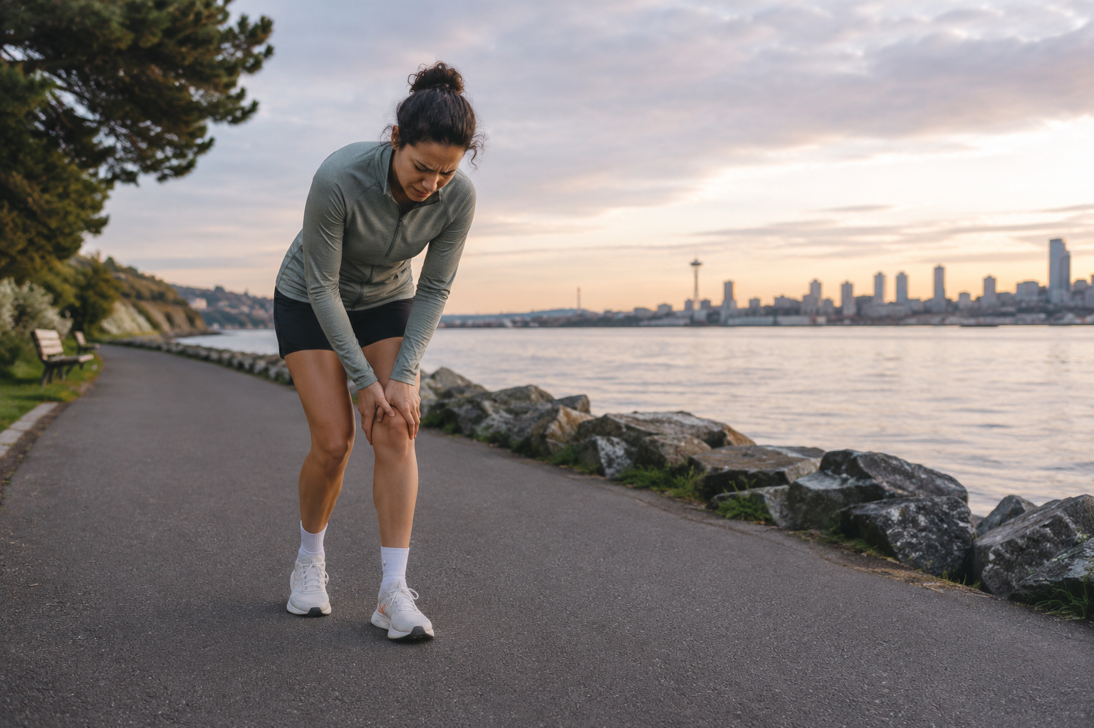 A woman in athletic clothing holding her knee in pain while running along a waterfront path during sunset, with a city skyline and the Space Needle in the background.