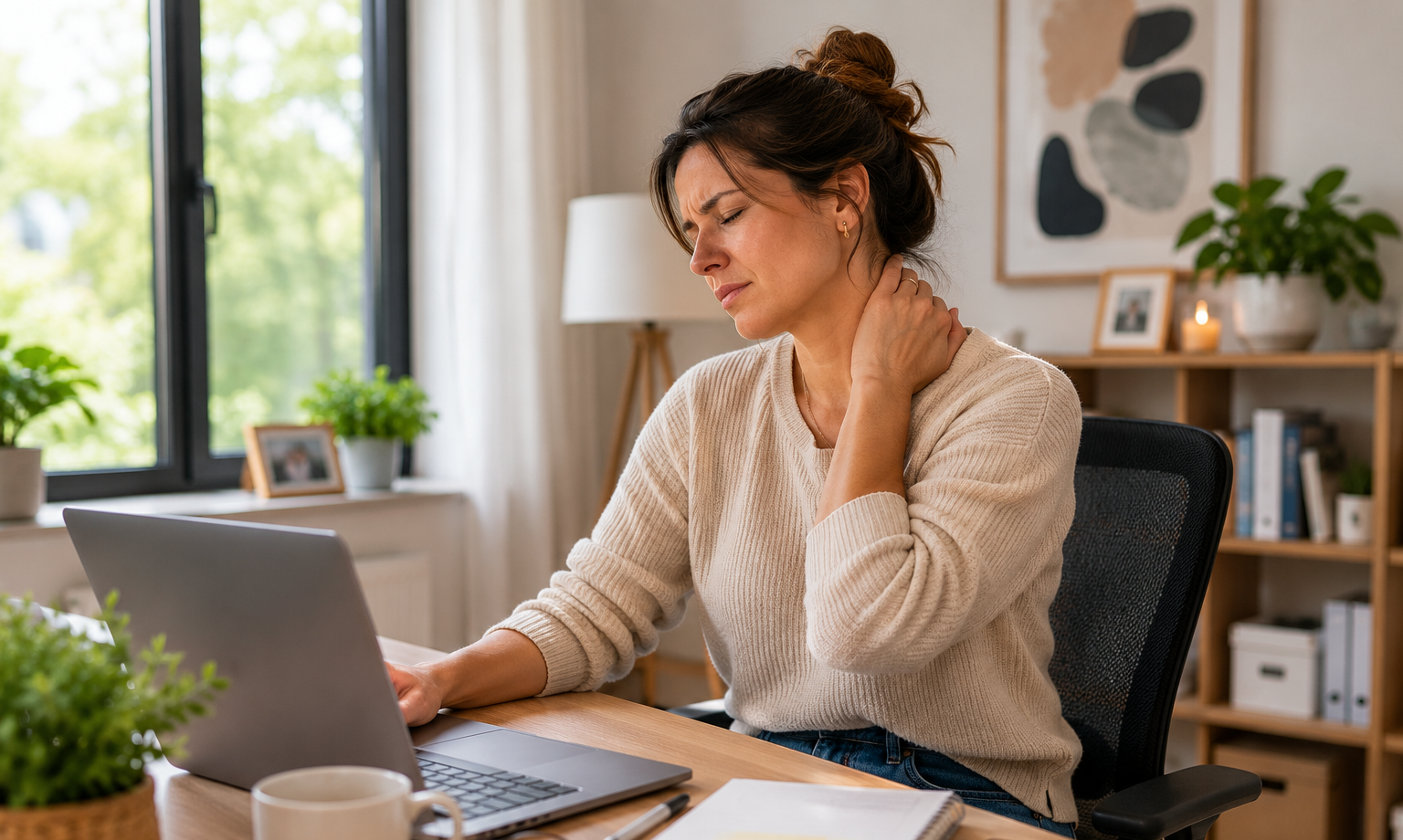 Woman sitting at a desk, holding her neck in pain, in a home office with a laptop, plants, and artwork in the background.