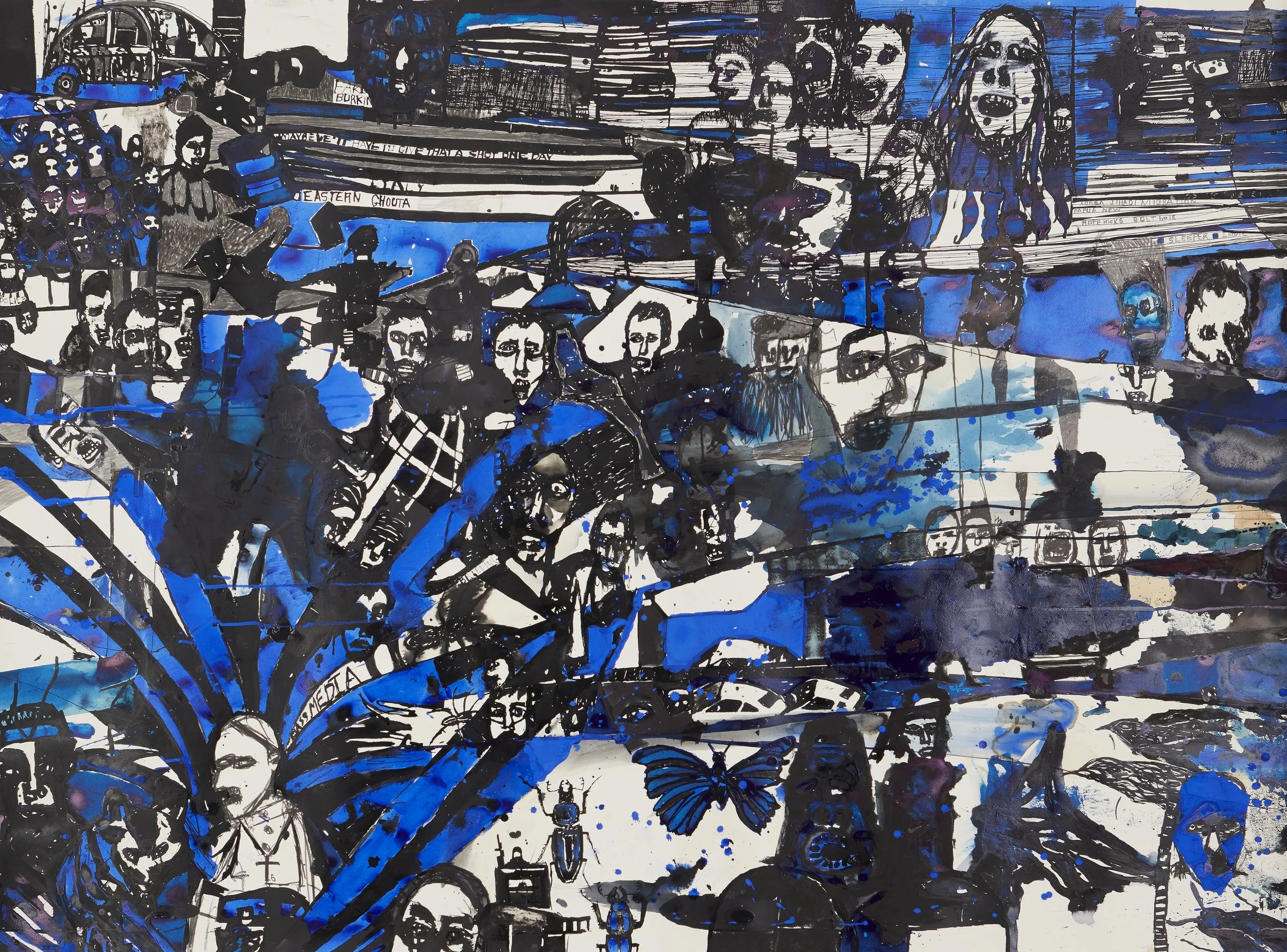 Detail of Locust Jones, The end of the beginning, New Year's Eve to April fools, 2018, ink, pencil, ArtGraf and watercolour on paper, 308 x 1000 cm. Collection of the artist. © Locust Jones. 