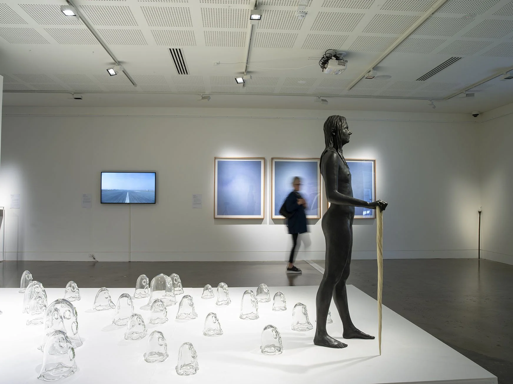 Nell, A white bird flies in the mist, a black bird flies in the night, a woman walks, wild and free, she is not afraid to die, 2008, bronze, mother of pearl, resin, 33 individually hand-blown clear glass ghost sculptures. Installation view, Lismore R