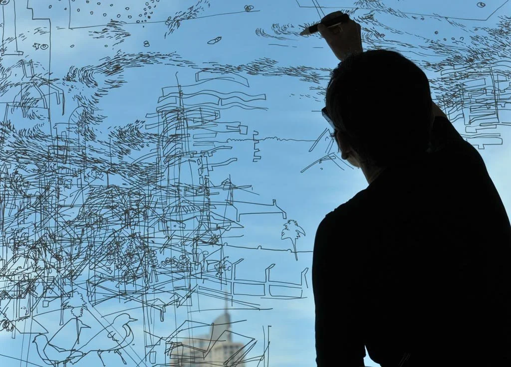 Gosia Wlodarczak, On the Sky and Water, Frost Drawing for AGNSW, 2014 - A seven-day drawing performance - Pigment pen on glass