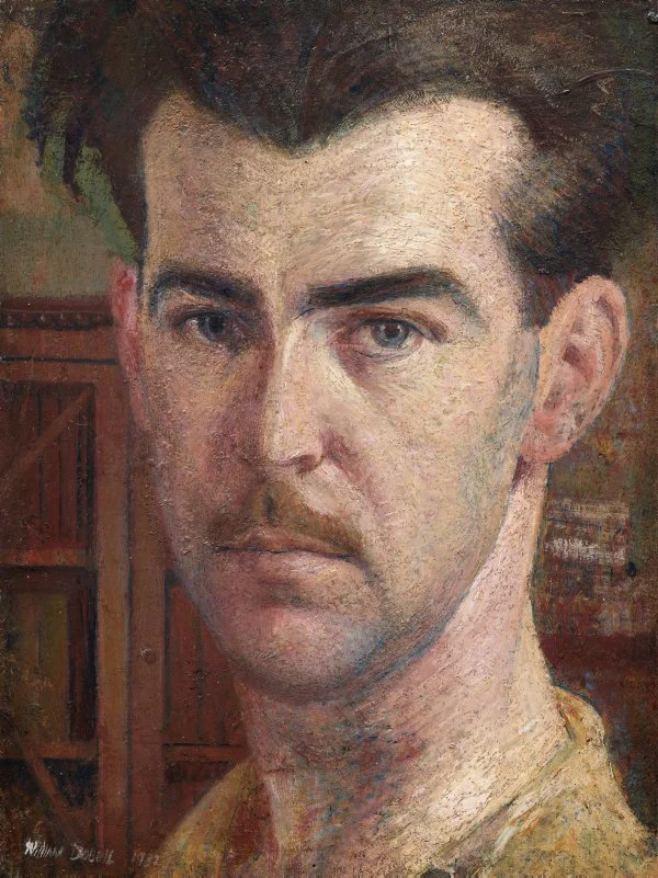 Close-up portrait of a young man with dark hair, blue eyes, and fair skin, in a painterly style, with a blurred background of bookshelves.