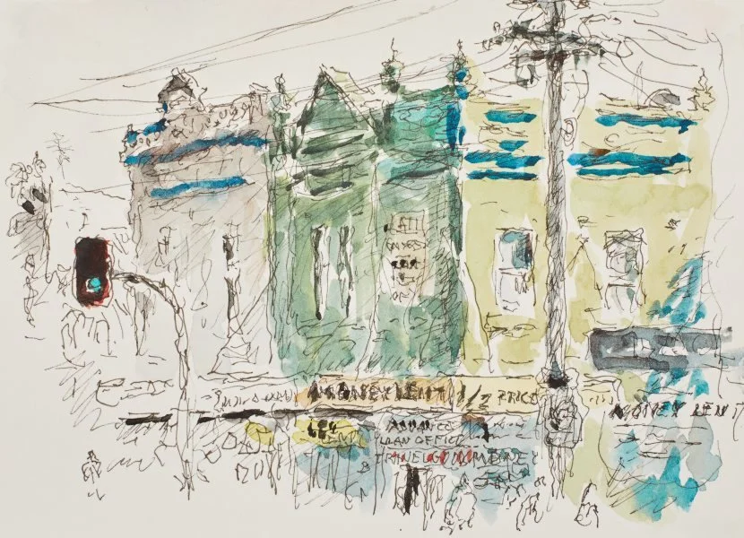 Tom Carment, Loan office, King Street, Newtown, 2013 - pen and black ink, watercolour on white paper