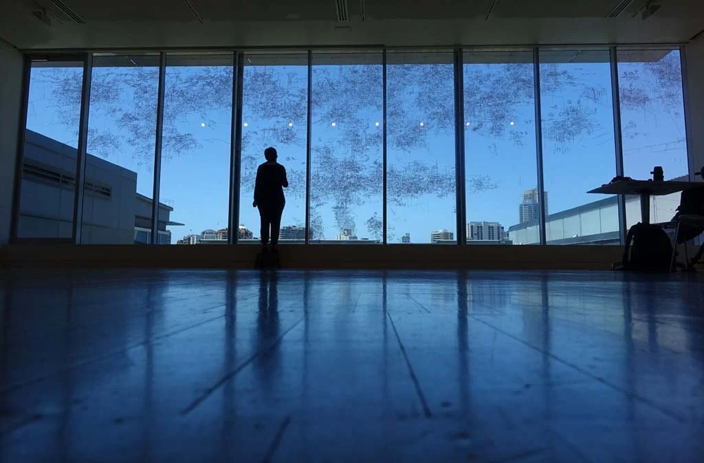 Gosia Wlodarczak, On the Sky and Water, Frost Drawing for AGNSW, 2014 - A seven-day drawing performance - Pigment pen on glass