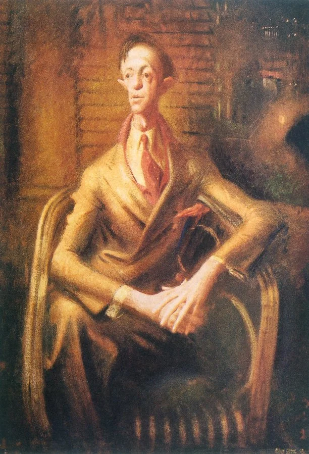A painting of a man sitting in a wooden chair, holding a book, with a serious expression. He is dressed in a brown suit with a red tie and is set against a warm, indoor background.