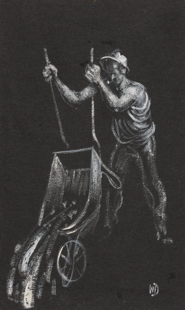 A chalk drawing of a man wearing a hat, standing next to a cart with a handle, looking through binoculars.
