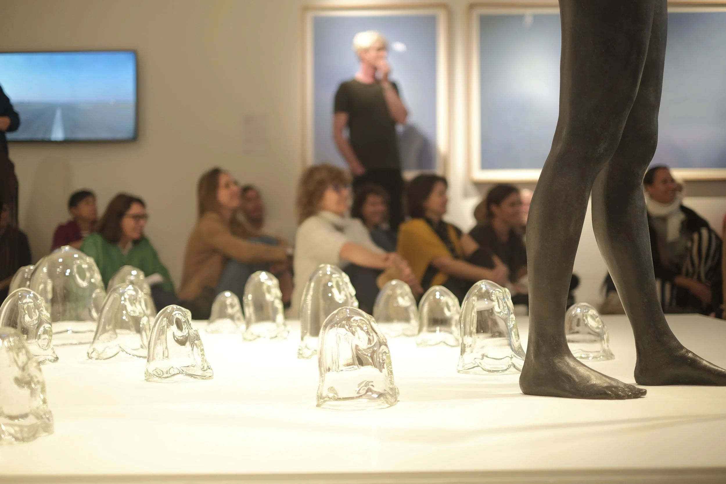 Nell, A white bird flies in the mist, a black bird flies in the night, a woman walks, wild and free, she is not afraid to die, 2008, bronze, mother of pearl, resin, 33 individually hand-blown clear glass ghost sculptures. Installation view, Lismore R