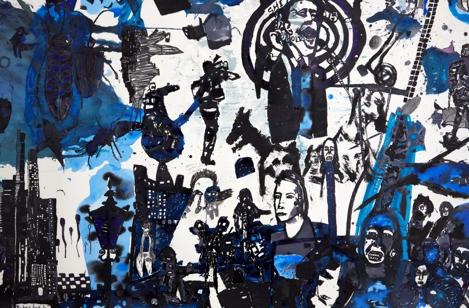 Detail of Locust Jones, The end of the beginning, New Year's Eve to April fools, 2018, ink, pencil, ArtGraf and watercolour on paper, 308 x 1000 cm. Collection of the artist. © Locust Jones. 