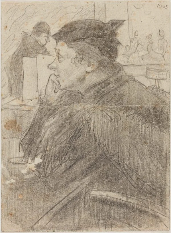 A woman wearing a dark hat and coat, sitting in a bar or café, seen in profile, with her hand near her face. The background includes other patrons and a bar counter.