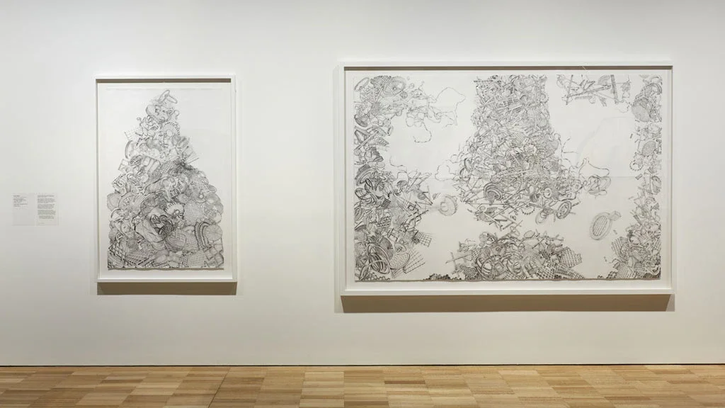 Installation view (left to right) Helen Wright Scrap stack, the slump 2019–20 and Scrap stack freefall in ‘The Age of Stupid’ 2019–20 © Helen Wright