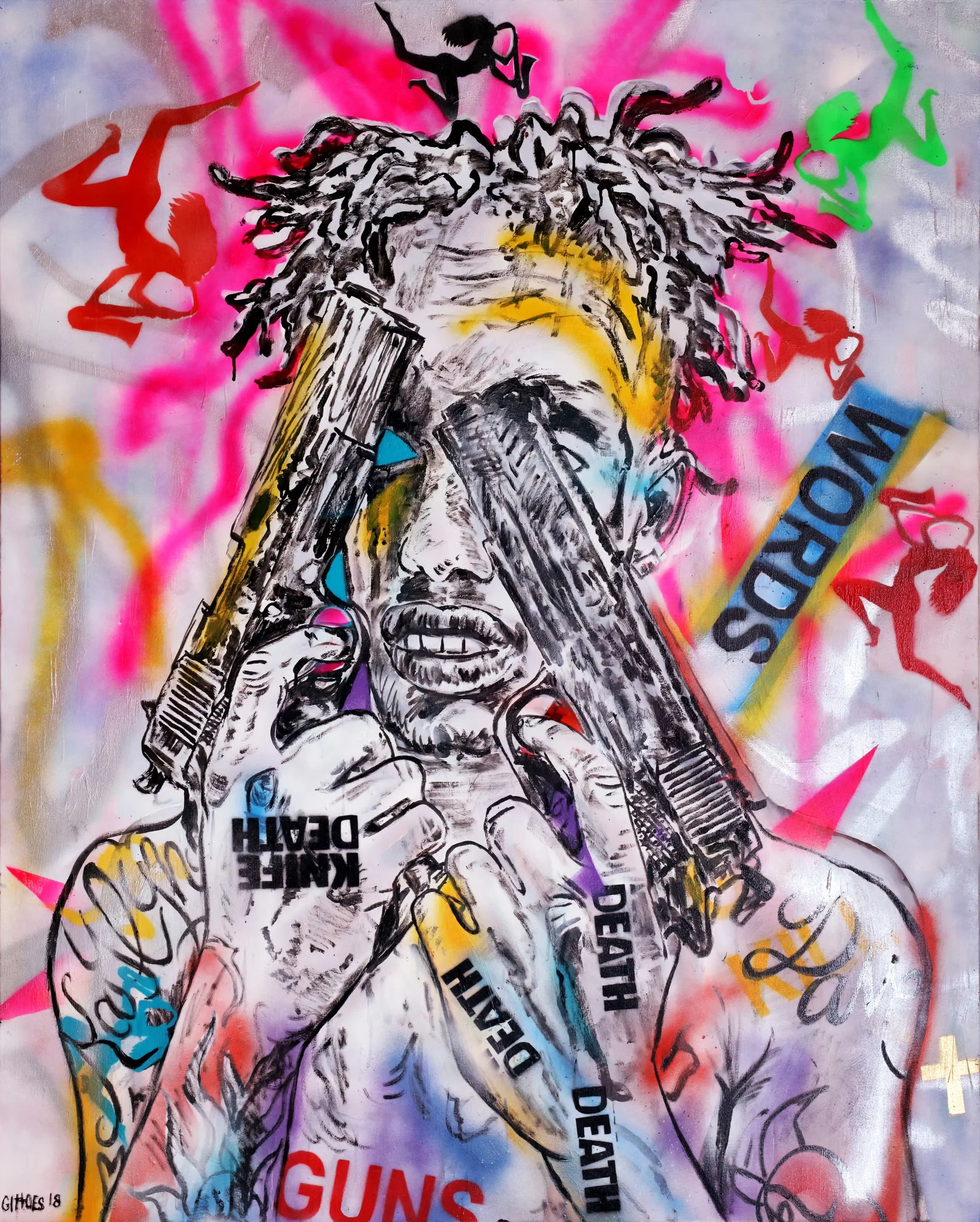George Gittoes , LI’L DAVE LI’L DAVE Guns Kill, 2018, Oil-based spray paint on canvas