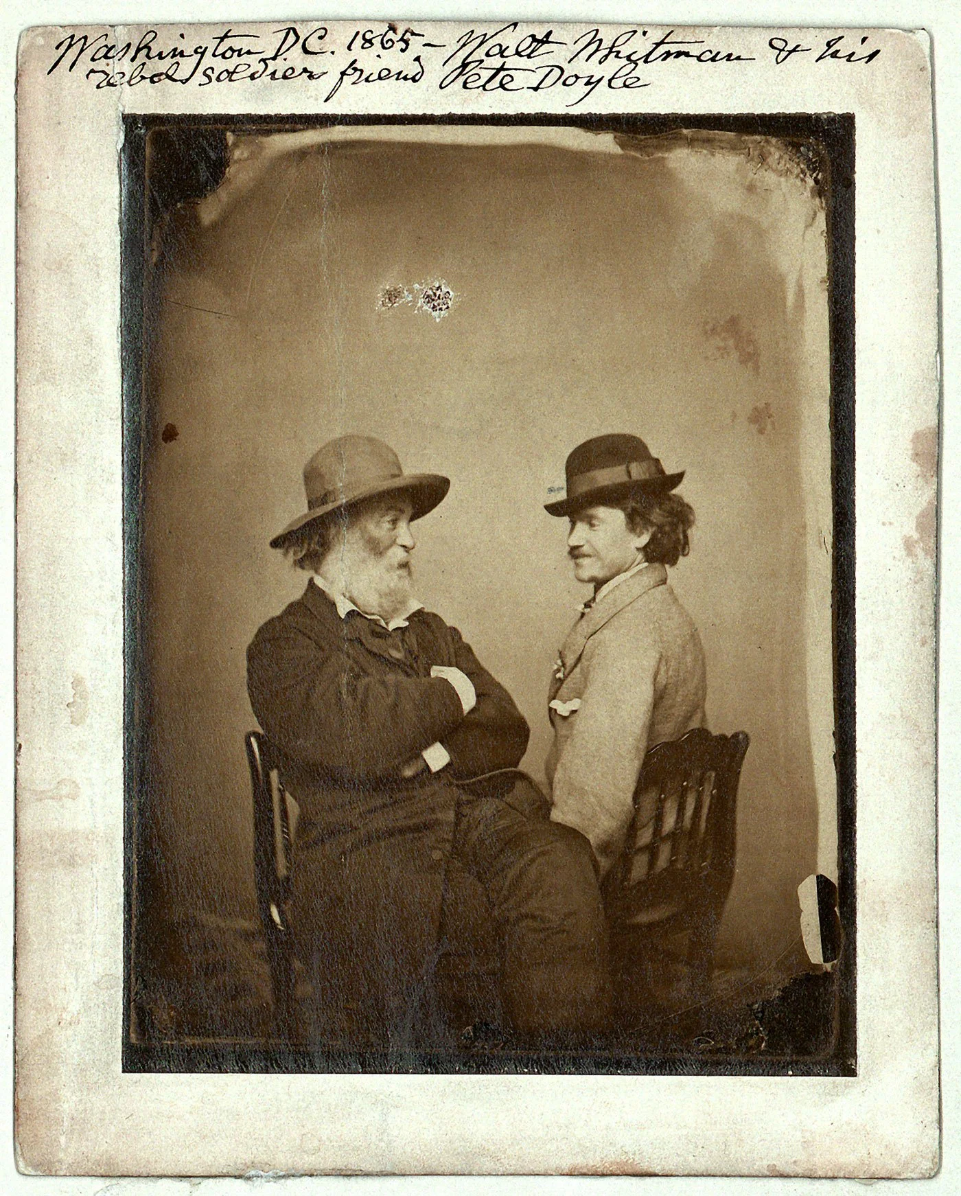 M. P. Rice (American)
American poet Walt Whitman and his ‘rebel soldier friend’, Pete Doyle
Walt Whitman and Peter Doyle, Washington DC.
c. 1865
Charles E. Feinberg Collection, Library of Congress
Photograph: Library of Congress/Library of Congress/B