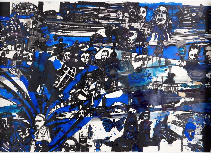 Detail of Locust Jones, The end of the beginning, New Year's Eve to April fools, 2018, ink, pencil, ArtGraf and watercolour on paper, 308 x 1000 cm. Collection of the artist. © Locust Jones. 