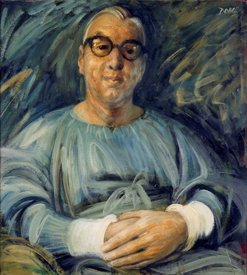 A painted portrait of a person with glasses wearing a light-colored, loose shirt, sitting with hands clasped, against a dark, abstract background.