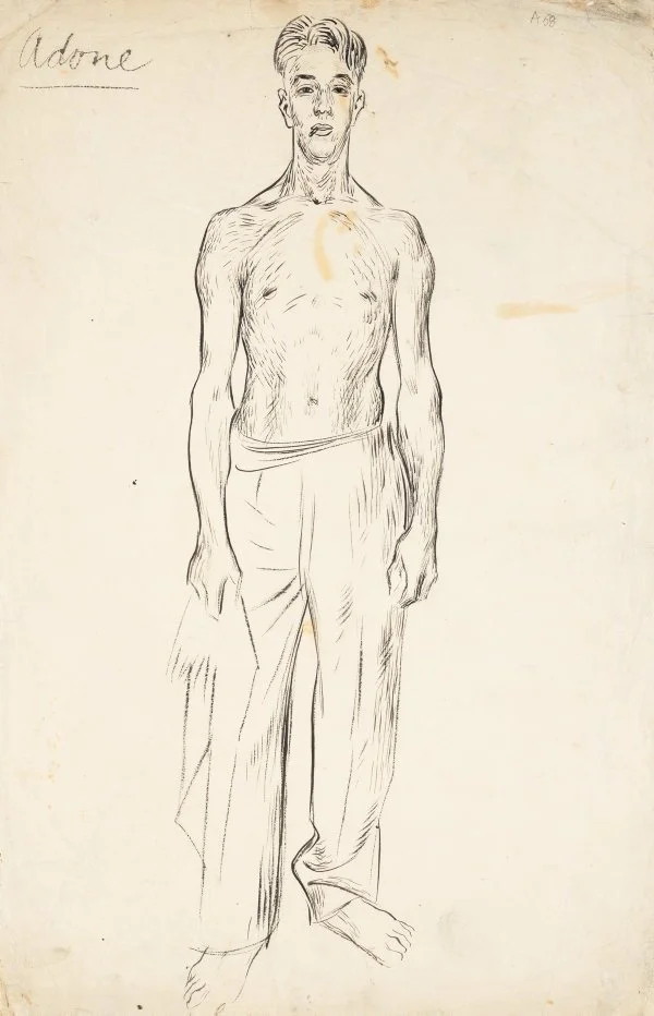 A black and white sketch of a young man with a muscular upper body, standing barefoot and wearing loose pants, with short styled hair and a neutral expression.