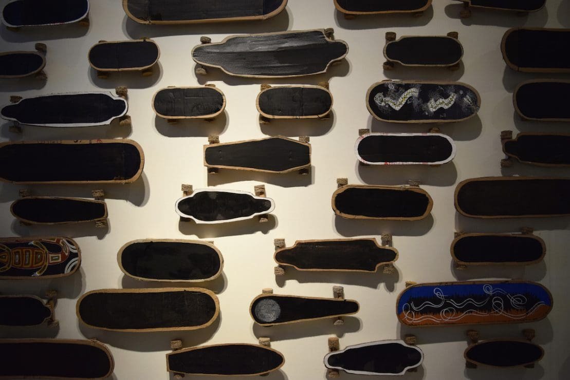 John Turier + emerging artists, Hunter St TAFE; Darren Atkins, Jodi Cameron, Lynelle Elliott, Victoria MacNamara, Belinda Russell, Genevieve Unicorn, Hit the Road Jack (detail), 2017, interactive skateboard installation: cardboard, metal, approx. 350